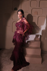 Burgundy Ruffle Saree with Embellished Corset Blouse | Ready-to-Wear Cocktail Sari